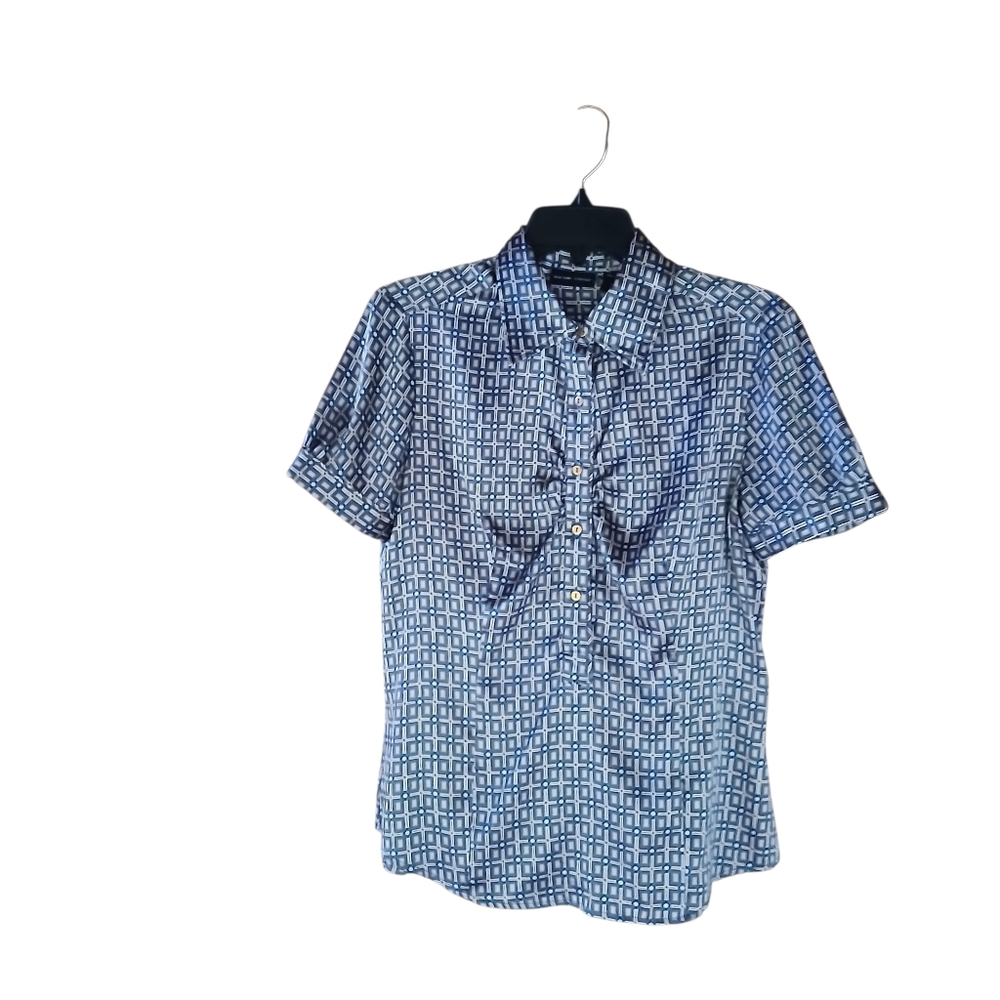 NY & Co. Blue & Brown Print Short Sleeved Stretch Satin Button Down Shirt Medium